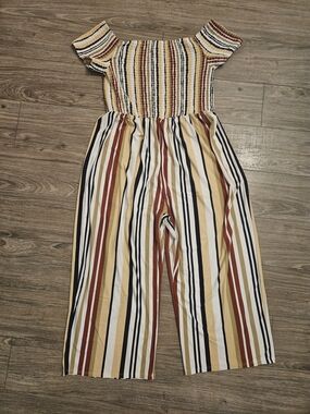 J for Justify Off-Shoulder Striped Jumpsuit in Mustard, Rust & Black Size 2X